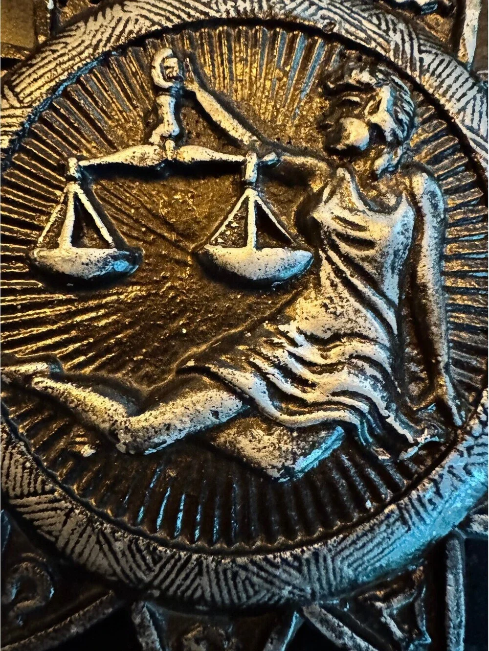 Vintage 1969 E. MESA Cast Aluminum Zodiac Sunburst Wall Plaque - LIBRA Scales